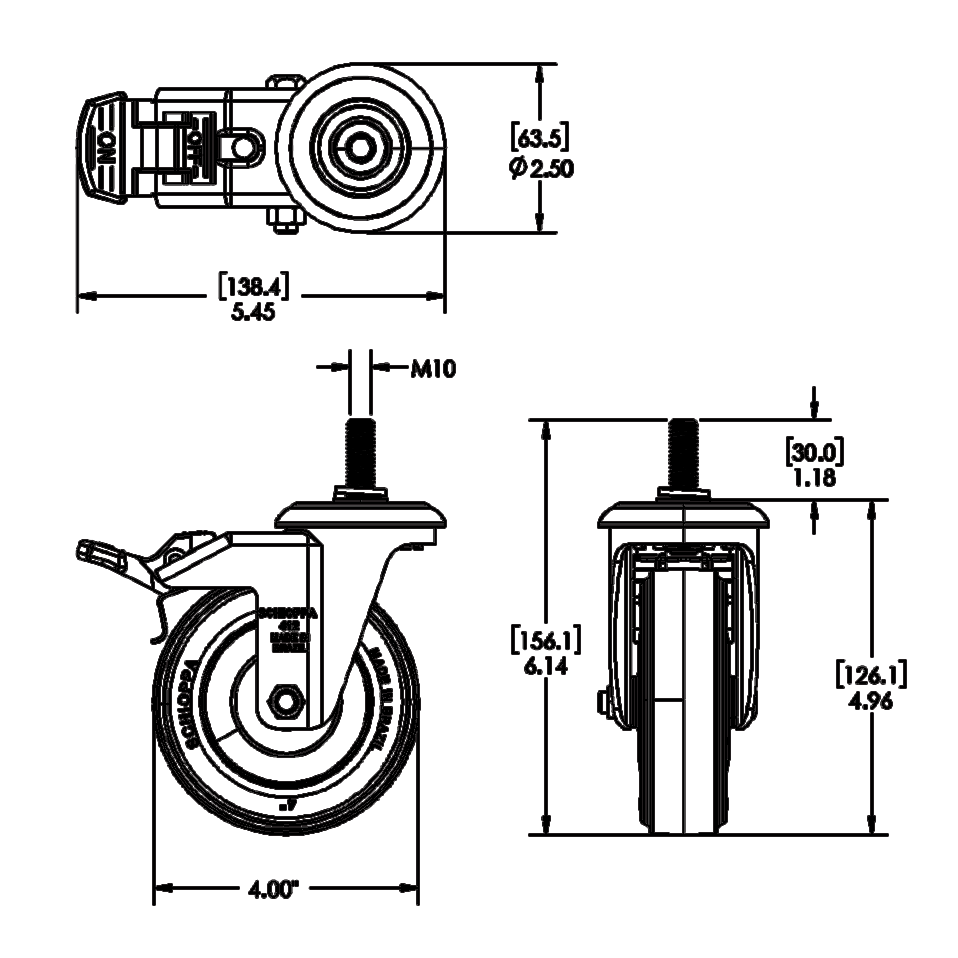 31-SM10D5-7 MODULAR SOLUTIONS ALUMINUM CASTER<br>5" SWIVEL, M10 STEM W/LOCK